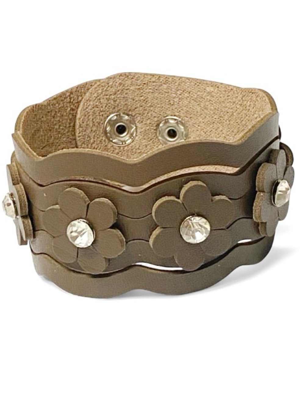 Brown Faux Leather Boho Festival Floral Statement Snap Cuff Bracelet Silver Snap